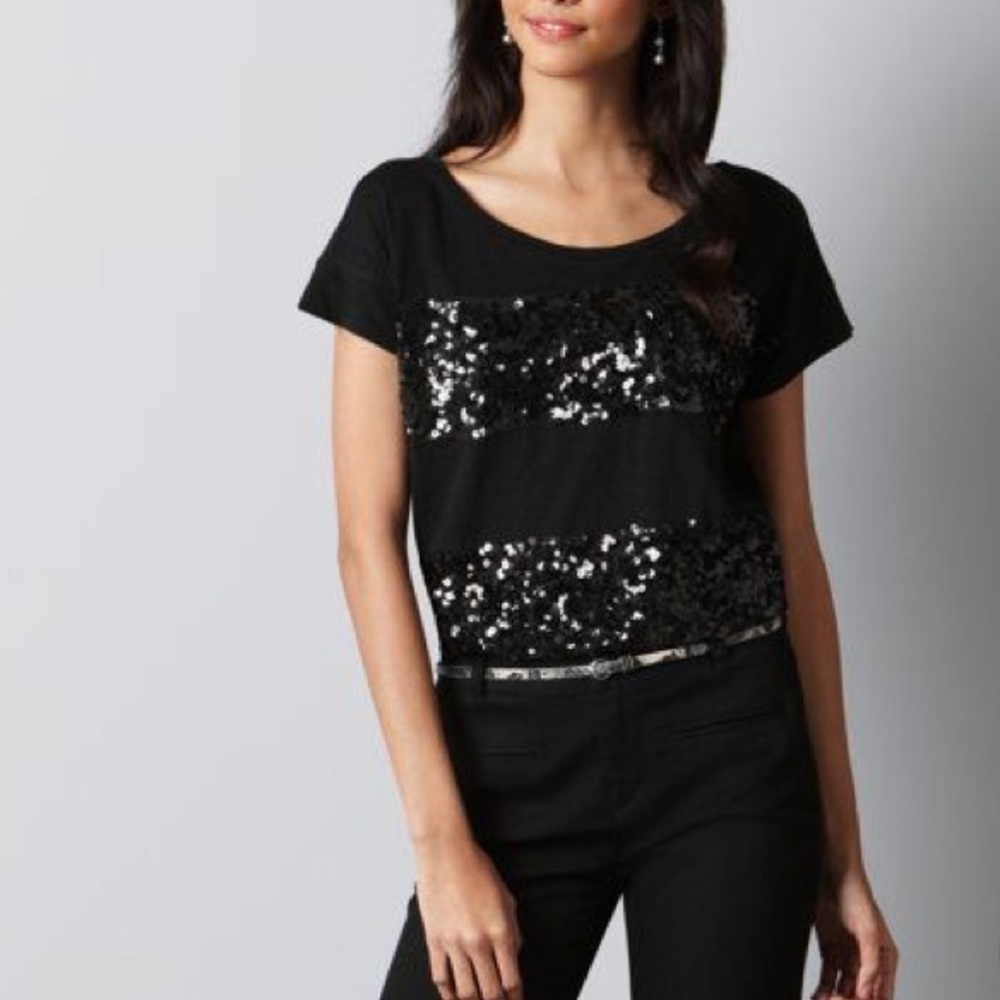 LOFT sequin stripe tee black